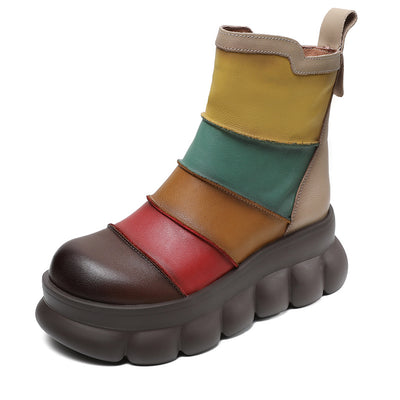 Women Vintage Color Block Platform Leather Short Boots