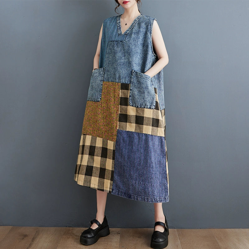 Retro Plaid Patchwork V-Neck Sleeveless Denim Midi Dress