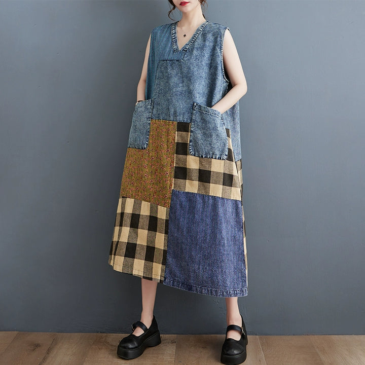 loose fitting patchedwork denim dresses