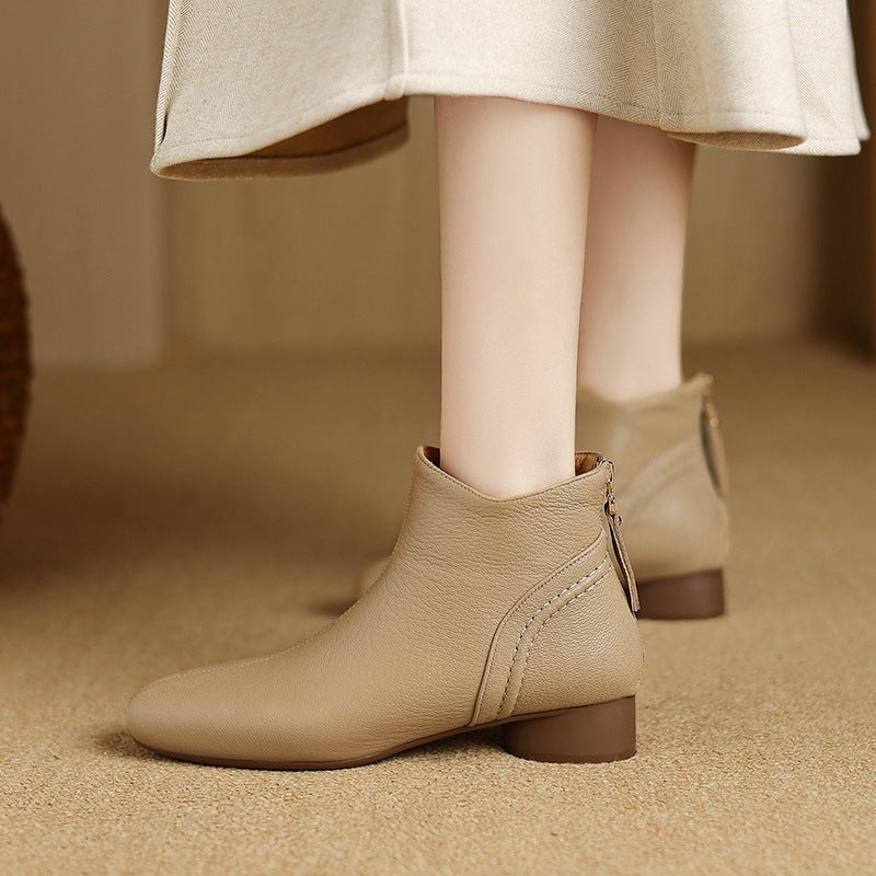 Retro Autumn Sheepskin Leather Chunky Zipper Ankle Boots