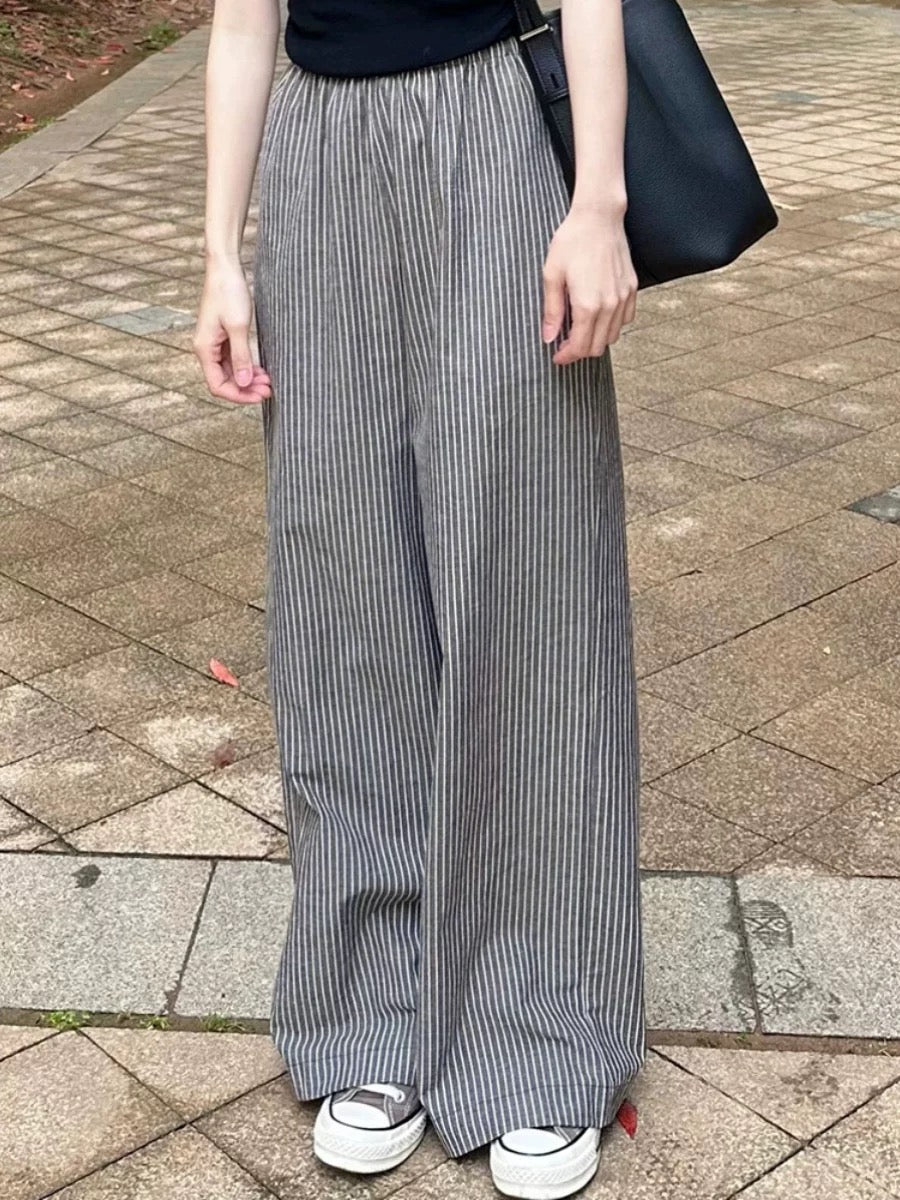 Babakud Spring Cotton Linen Gray Striped Straight-Leg Casual Pants
