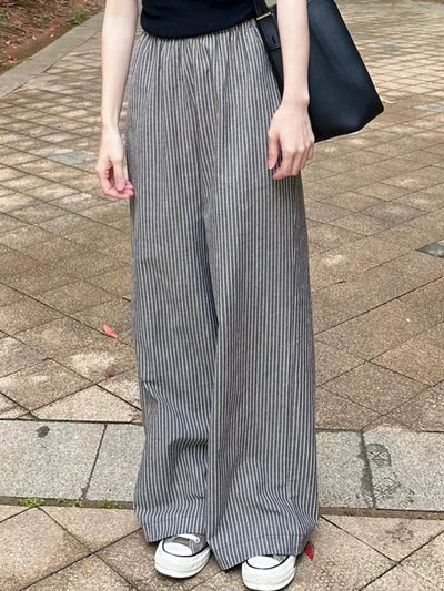 Babakud Spring Cotton Linen Gray Striped Straight-Leg Casual Pants