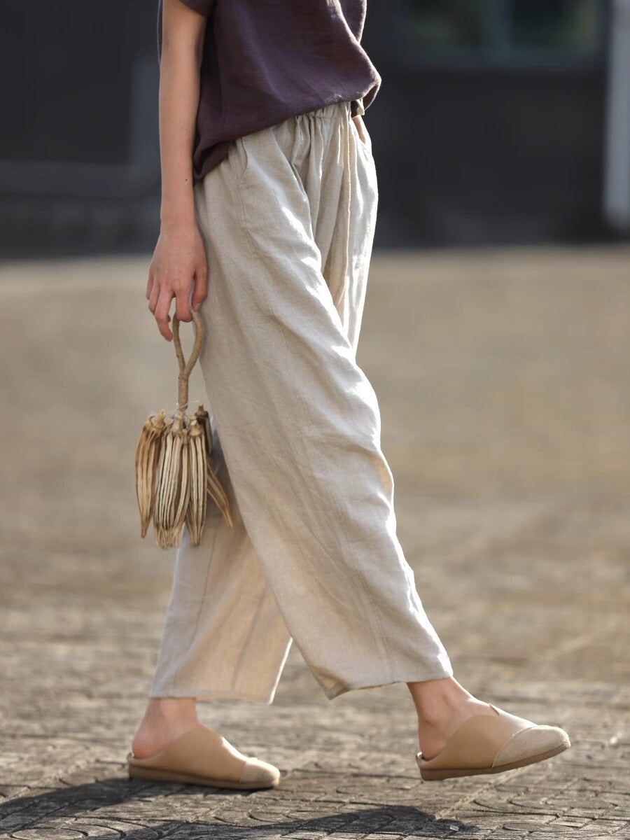 Women Spring Cotton Linen Casual Lace-Up Ankle Pants