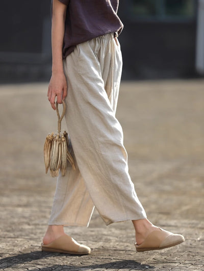 Women Spring Cotton Linen Casual Lace-Up Ankle Pants