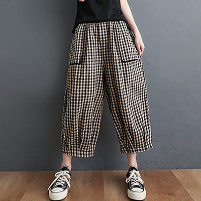 Large Pockets Plaid Elastic Waist Casual Cotton Linen Pants