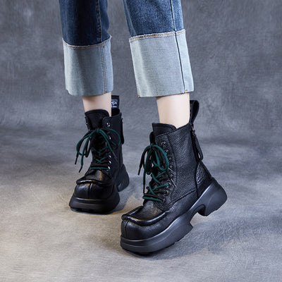 Ladies Stylish Square Toe Platform Lace-Up Leather Martin Boots