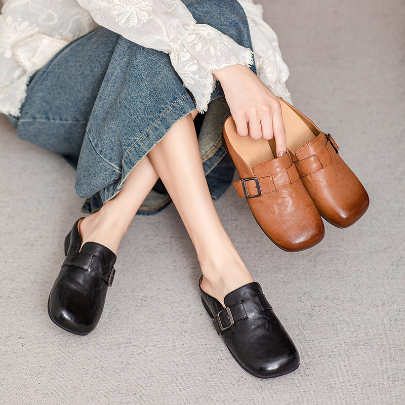 Minimalist Elegant Genuine Leather Low Heel Slippers for Women