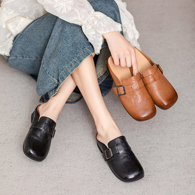 Minimalist Elegant Genuine Leather Low Heel Slippers for Women