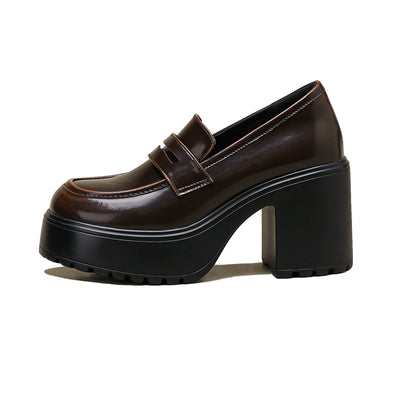 Women Retro Microfiber Platform Loafer Slip-On High Heel Shoes
