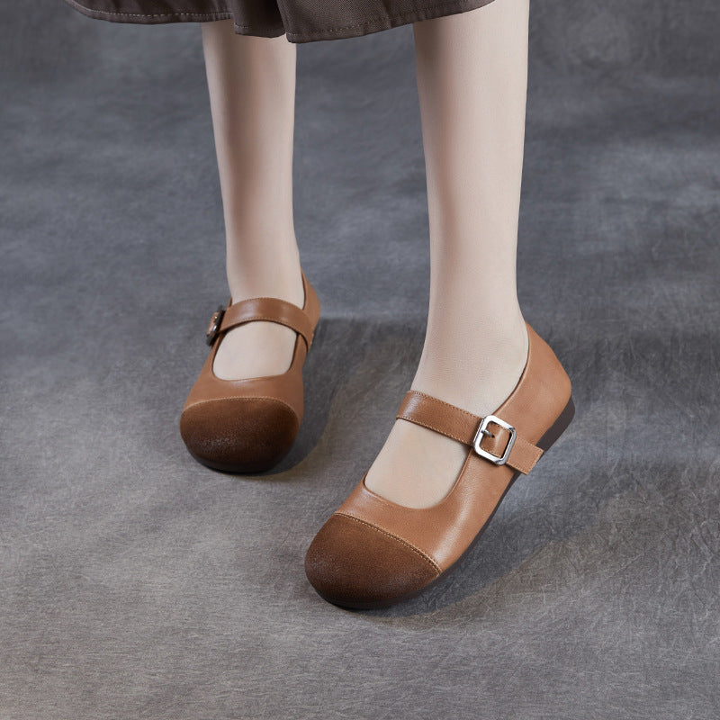 Elegant Genuine Leather Sueded Patchwork One Straped Flats