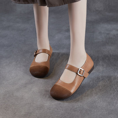 Elegant Genuine Leather Sueded Patchwork One Straped Flats