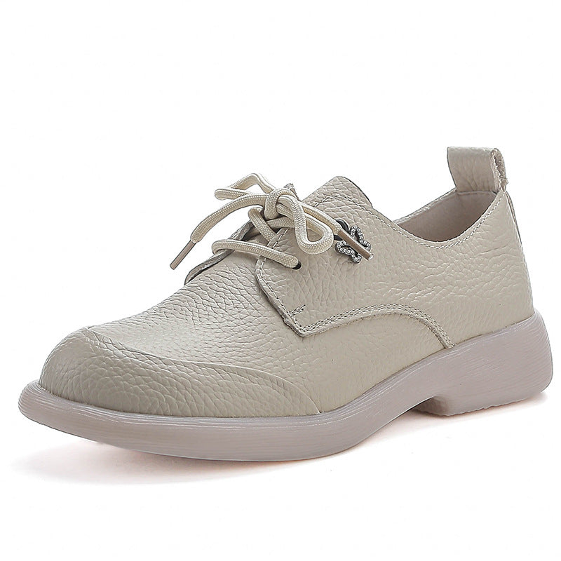 Genuine Leather Summer Retro Chunky Soft Sole Lace-Up Flats Shoes