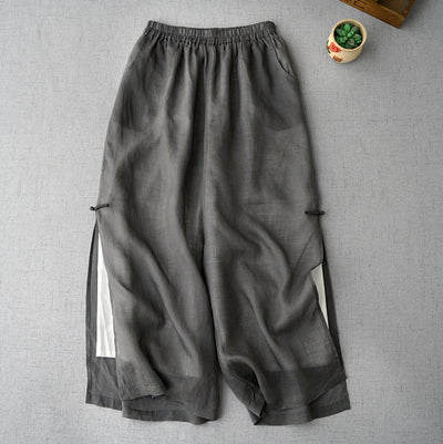 Women Retro Double-Layer Lightweight Ramie Wide-Leg Trousers