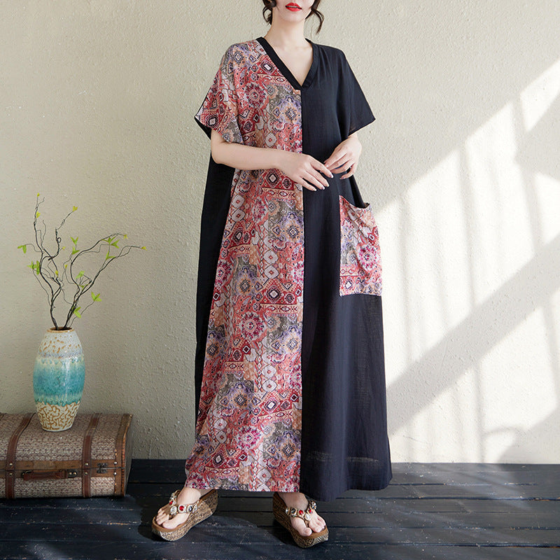 Spring Loose Retro Printed Color Block V-Neck Cotton Dresses