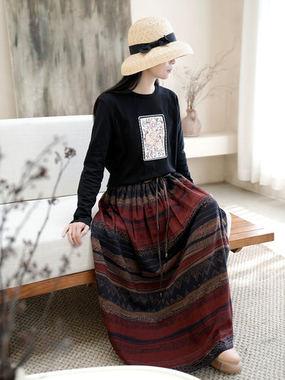 Women Summer Linen Printed Striped Elastic Waist Lace-Up Skirt