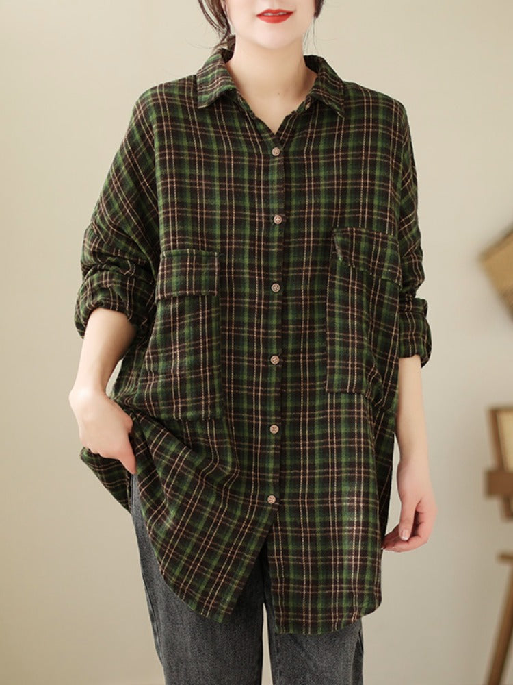 Plus Size Women Trendy Retro Spring Plaid Loose Cotton Shirt