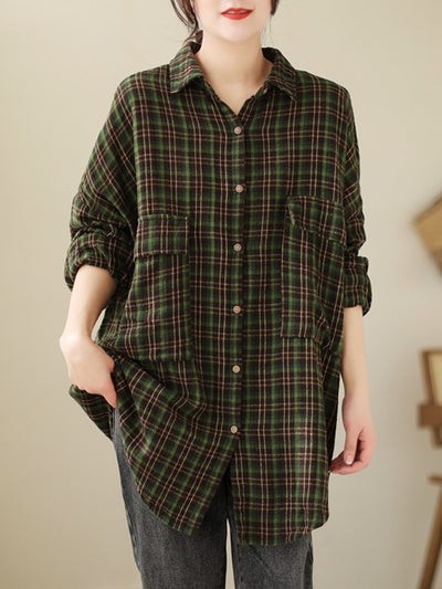 Plus Size Women Trendy Retro Spring Plaid Loose Cotton Shirt