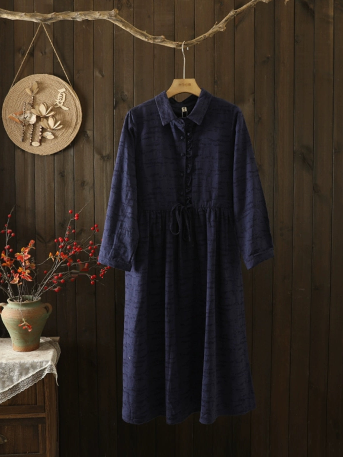 Spring Retro Elegant Ruffled Drawstring Cotton Linen Dress