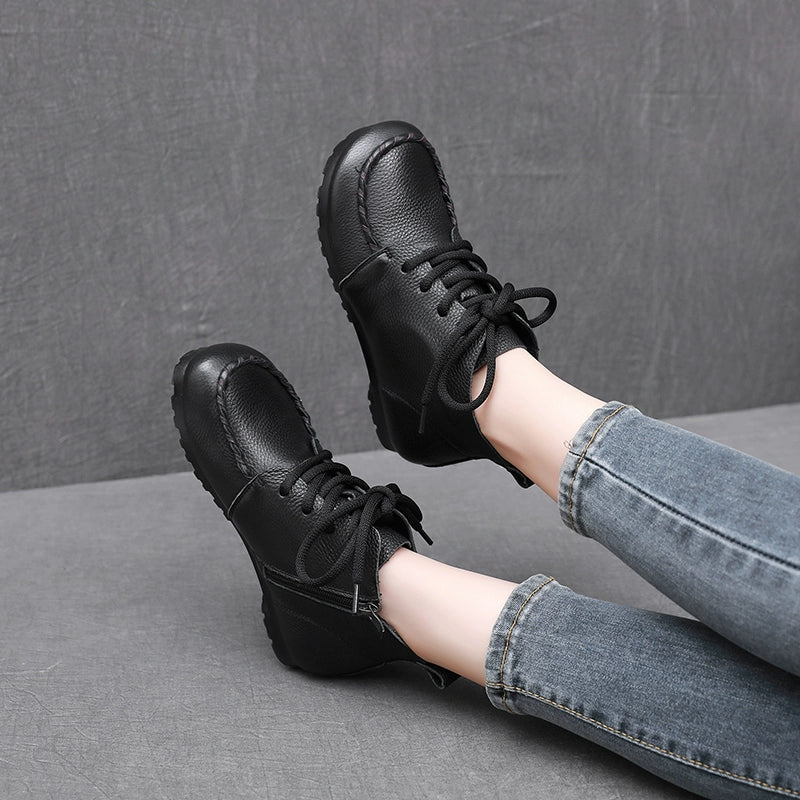 Women Retro Leather Lace-Up Side Zipper Stitching Ankle Boots