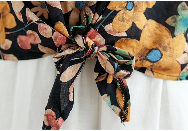 Women Summer Retro Cotton-Linen Printed Casual Loose Blouse