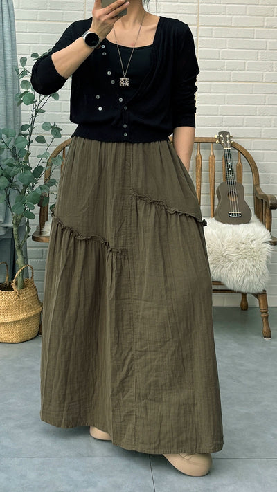 Women Retro Cotton Casual Loose Ruffled Versatile A-Line Skirt