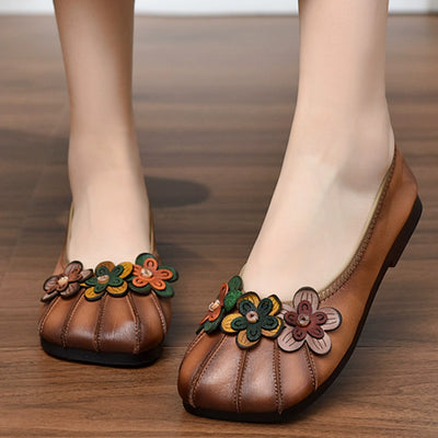 Babakud Women Spring Retro Blossom Handmade Leather Casual Shoes