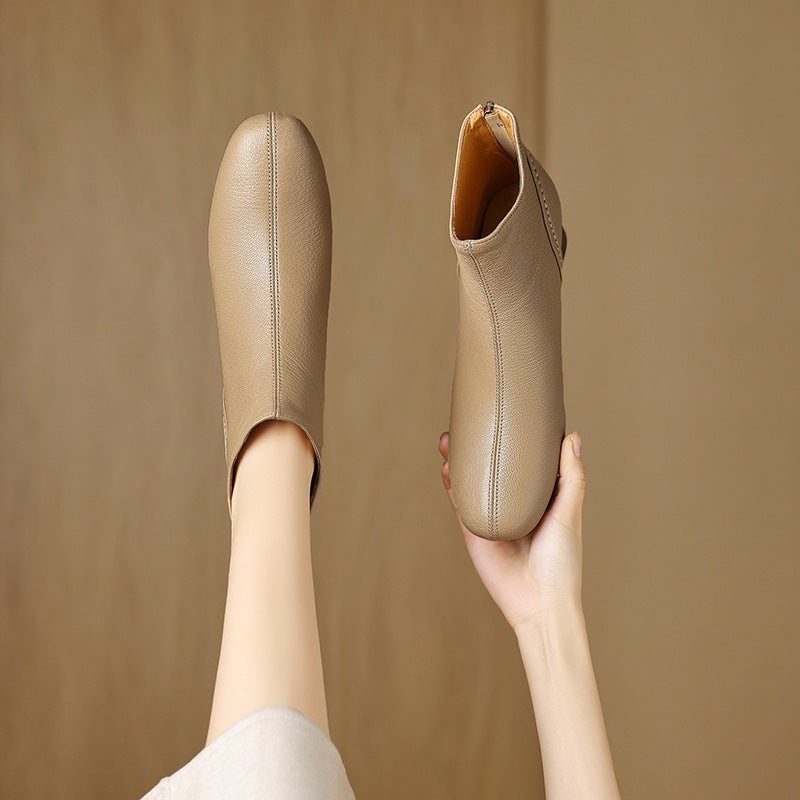 Retro Autumn Sheepskin Leather Chunky Zipper Ankle Boots