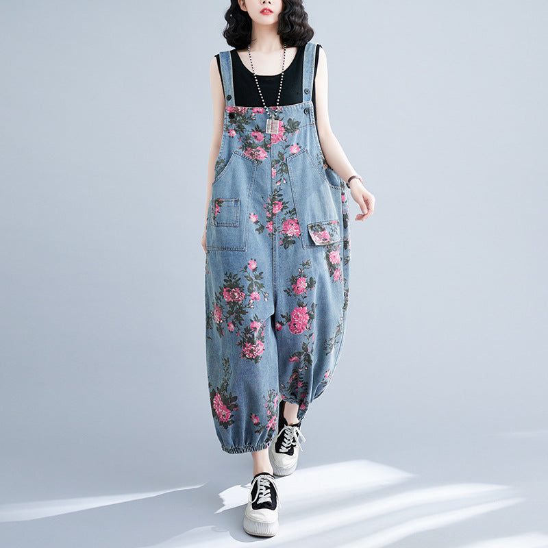 Women Spring Retro Denim Printed Floral Casual Jumpsuit