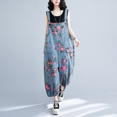 Women Spring Retro Denim Printed Floral Casual Jumpsuit