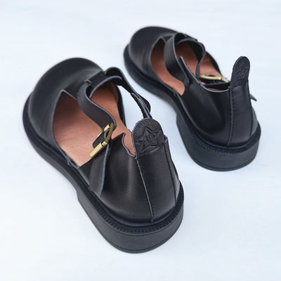 Babakud Women Spring Retro Leather Handmade Flats Chunky Shoes