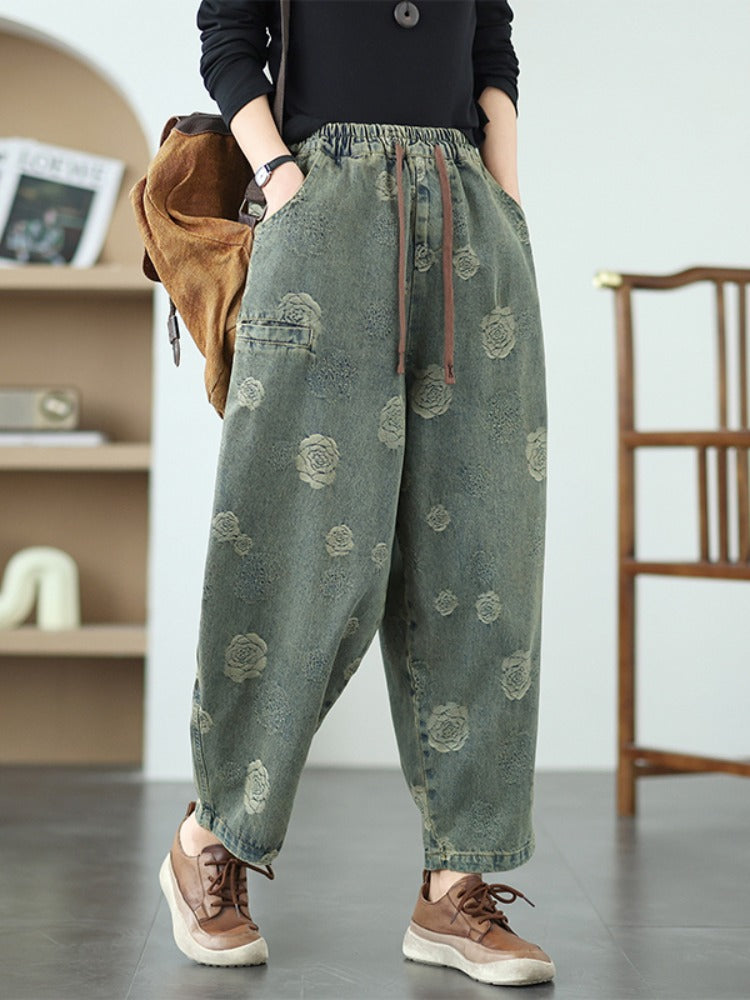 Women Spring Retro Denim Printed Rose Casual Harem Pants