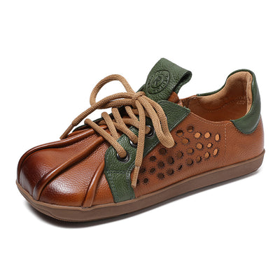 Spring Retro Hollow Soft Sole Color Block Leather Casual Shoes