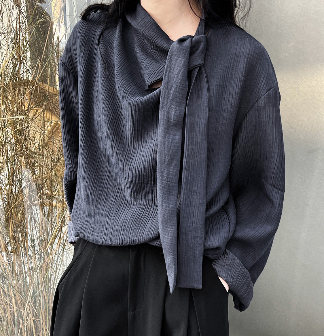 Ladies Solid Color Elegant Retro Ribbon Texture Cotton Pullover