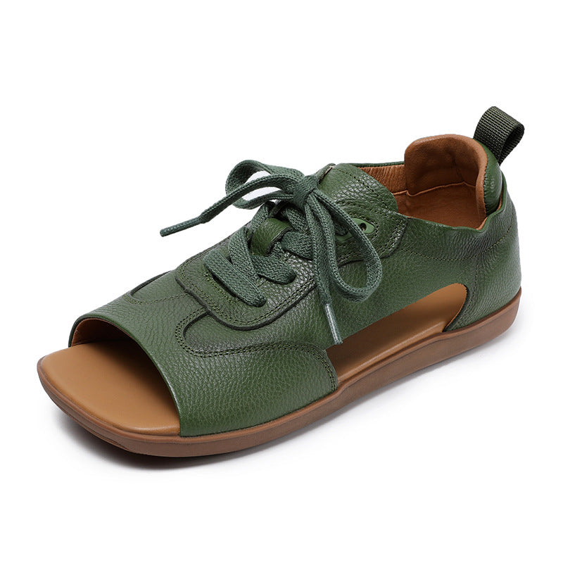 Summer Retro Leather Open Toe Soft Flat Sole Lace-Up Sandals