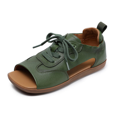 Women Summer Retro Genuine Leather Flat Soft Sole Lace-Up Sandals