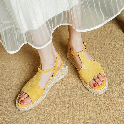 Summer Leather Casual Open Toe Straw Platform Sandals