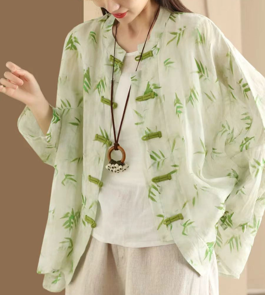 Ladies Vintage Printed Ramie Shirt Chinese Style Elegant Jacket