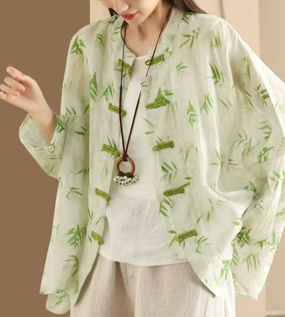 Ladies Vintage Printed Ramie Shirt Chinese Style Elegant Jacket