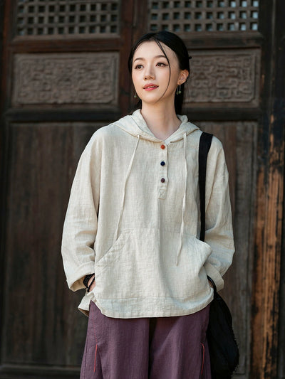 Autumn Women Retro Linen Long Sleeves Casual Hoodie Shirt