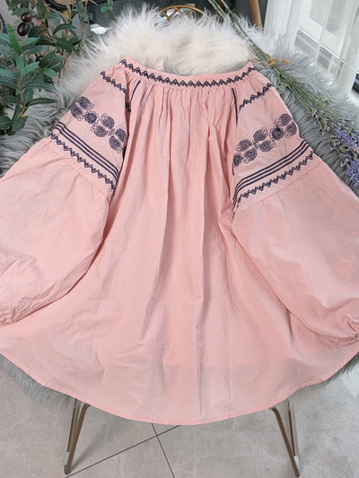 Women Retro Autumn Cotton Round Neck Embroidered Shirt