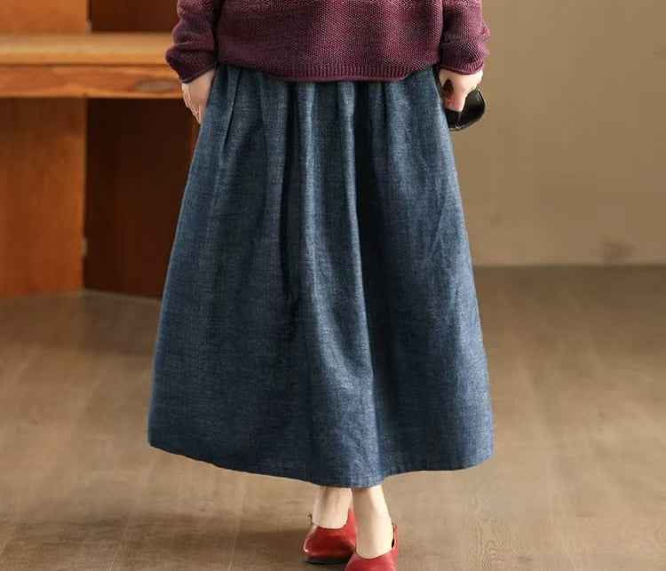 Ladies Spring Vintage Breathable Cotton Linen A-Line Skirts