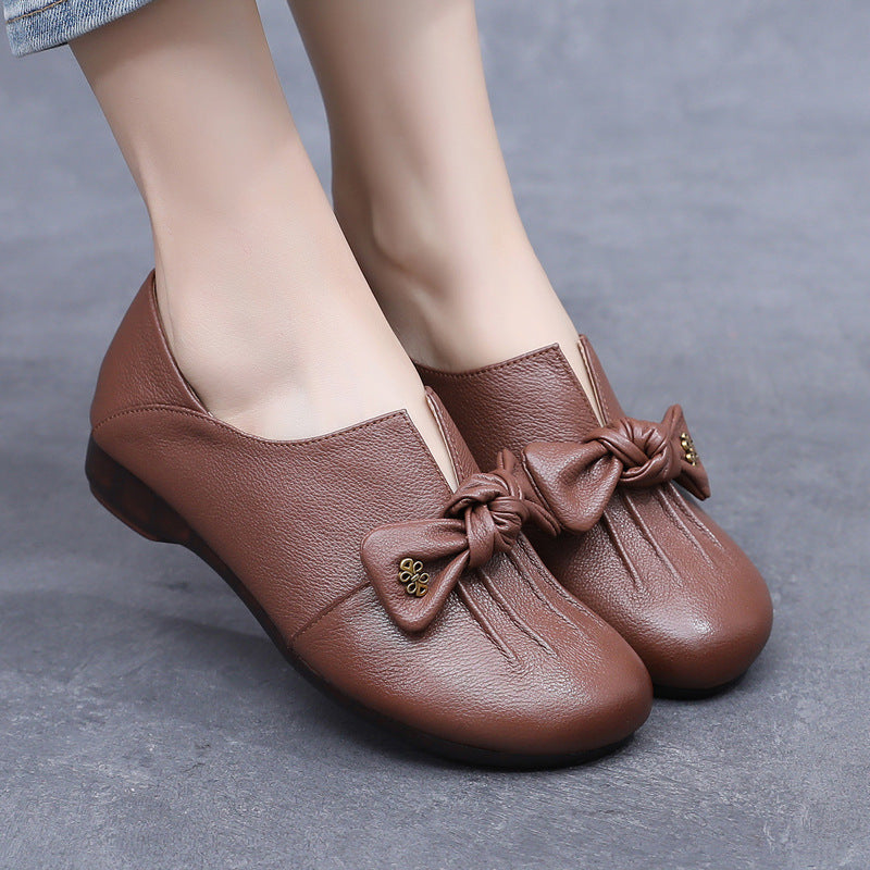 Spring Bowknot Soft-Soled Slip-On Shoes in Black and Brown