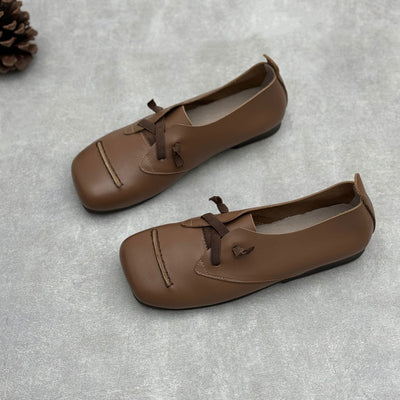 Women Spring Retro Genuine Leather Square Toe Flat Slip-Ons