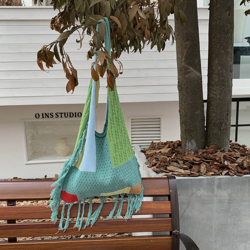 Casual Large Capacity Color Block Tassel Knit Shoulder Bag