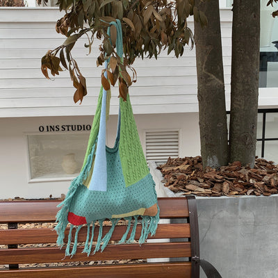 Casual Large Capacity Color Block Tassel Knit Shoulder Bag