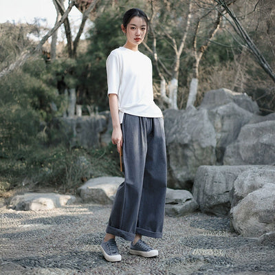 Women Casual Cotton Versatile Elastic Waist Solid Color Pants