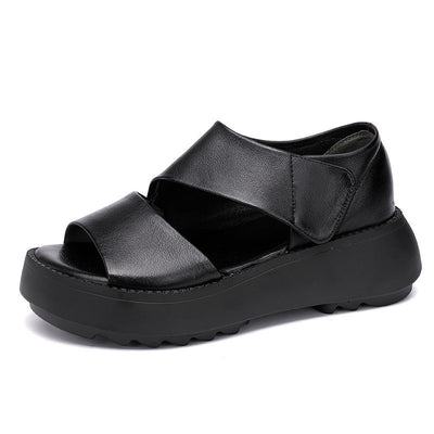 Summer Retro Genuine Leather Open Toe Thick Soft Flat Sandals