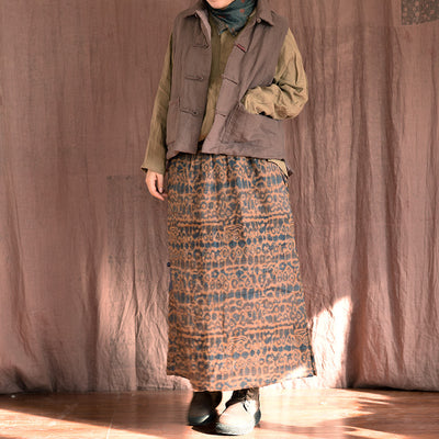 Ethnic Printed Slit Warm Padded Cotton Linen Midi Skirt