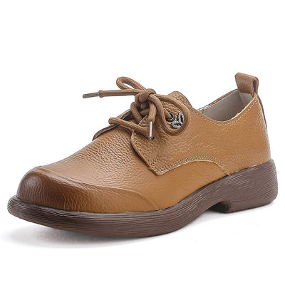 Genuine Leather Summer Retro Chunky Soft Sole Lace-Up Flats Shoes