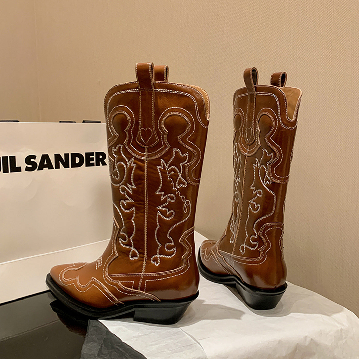 Retro Vintage Genuine Leather Pointed Toe Patchwork Boots